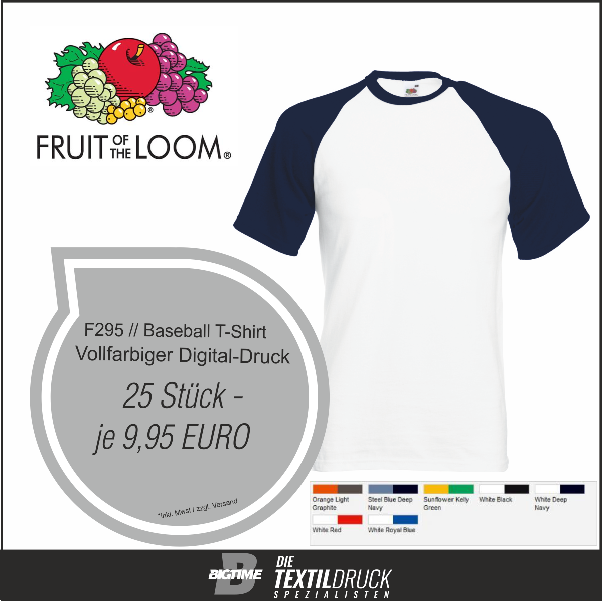 FOL Baseball T-Shirts einseitig, vollfarbiger Druck /  25 Stück