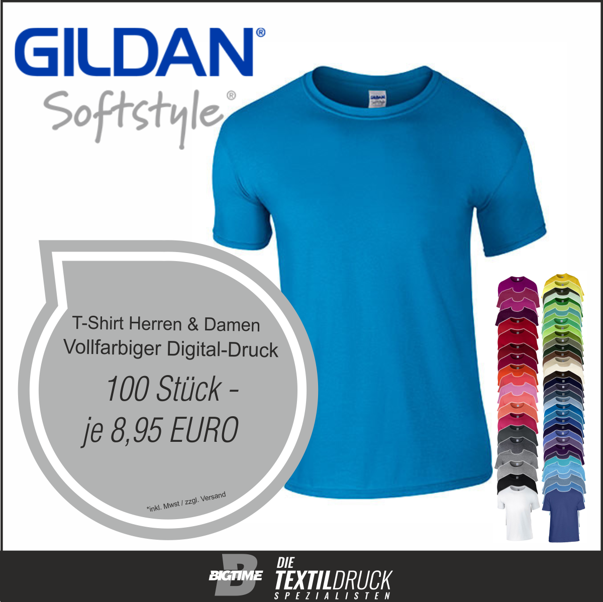 Gildan Softstyle T-Shirts farbig einseitig, vollfarbiger Druck /  100 Stück
