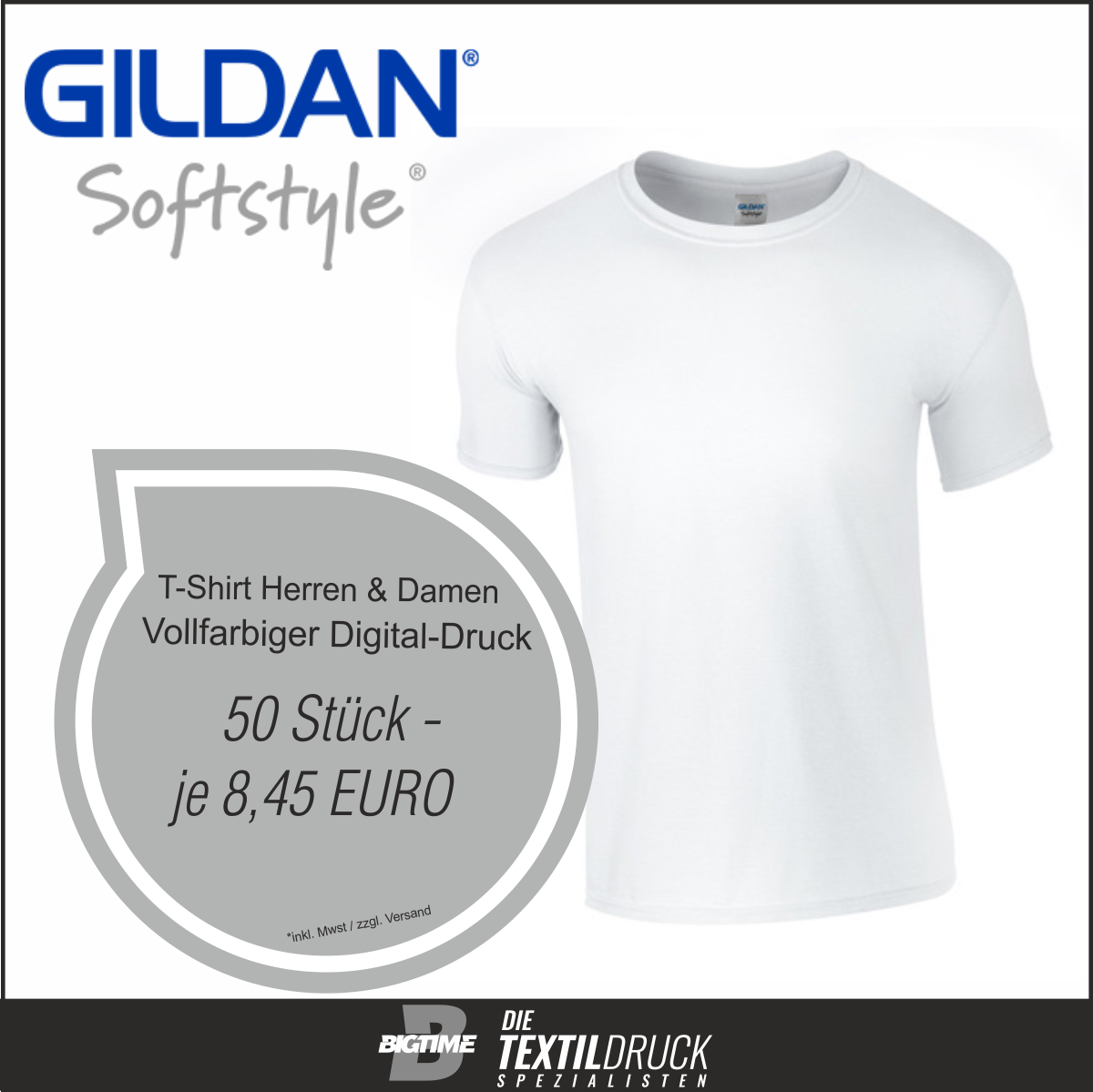 Gildan Softstyle T-Shirts einseitig, vollfarbiger Druck /  50 Stück