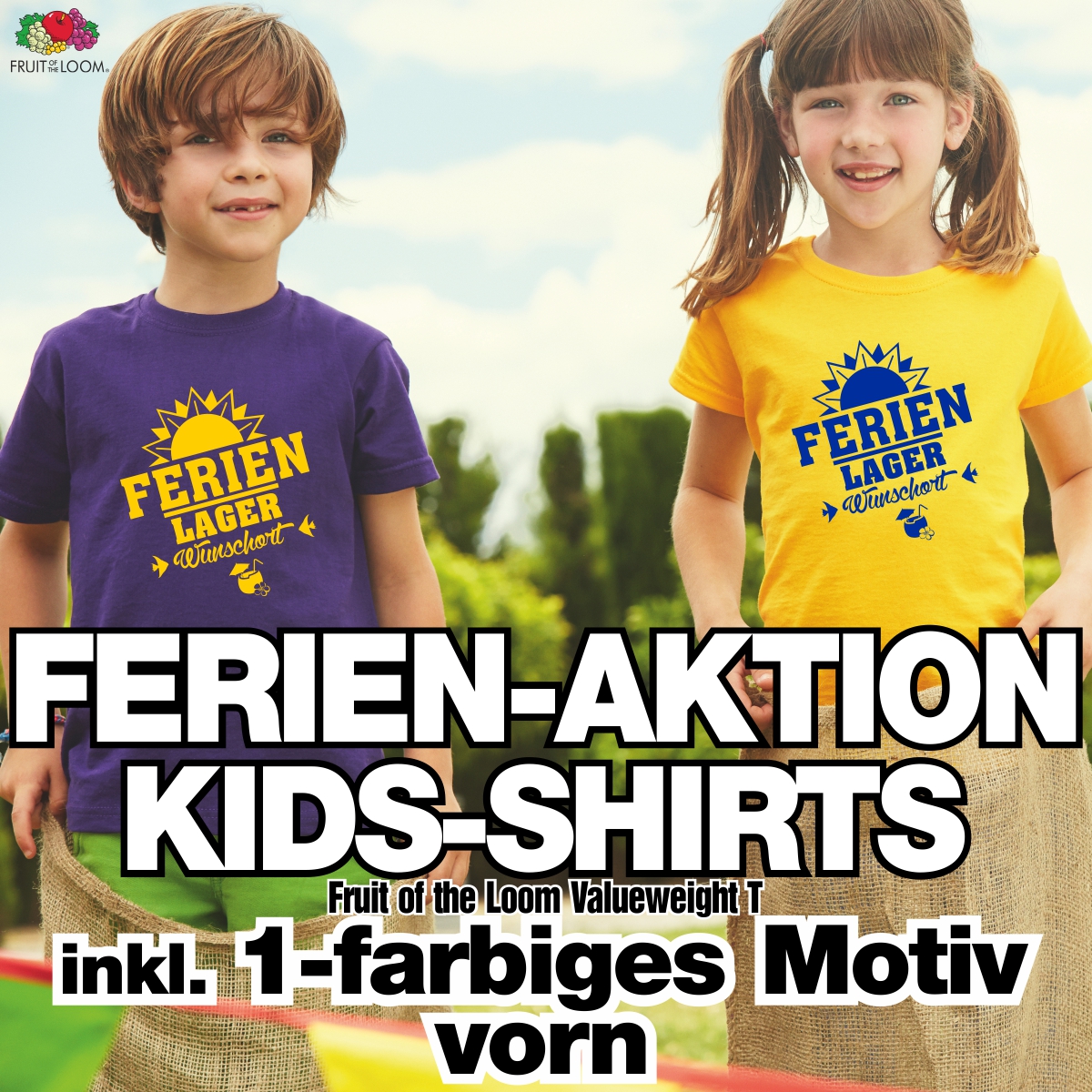 Ferien-Aktion, Kinder-Shirts inkl. 1-farbigem Motiv